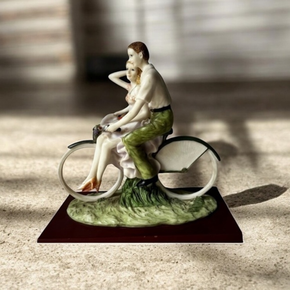 Romantic Couple on Bicycle Figurine - Green and Cream